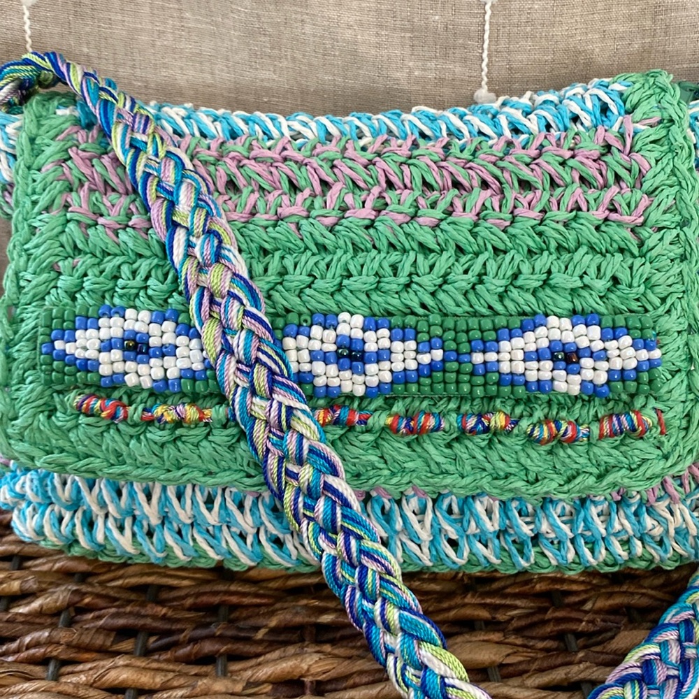 Cappelli Boho hand Crochet Straw beach bag hand crafted Bead-Work flap